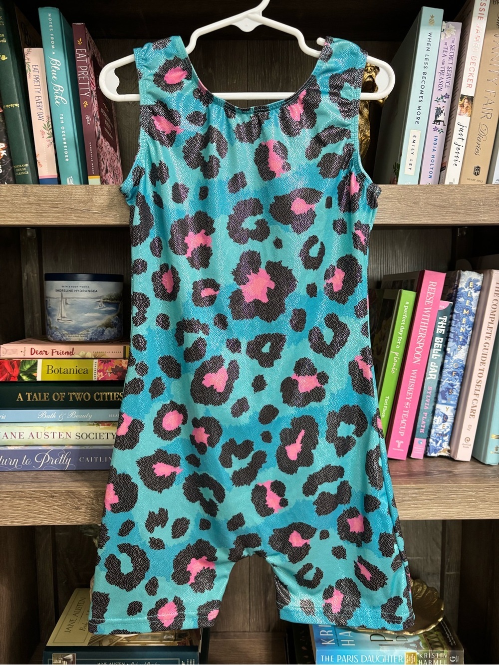 Gymnastics Leotard- Turquoise Leopard Print with Pink Spots, Size 140